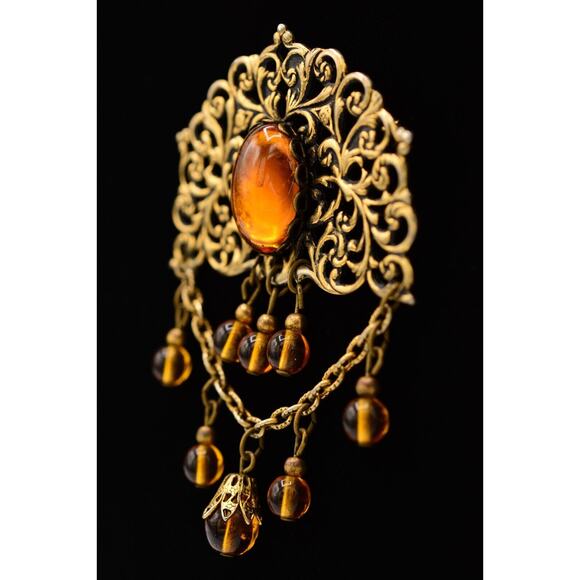 Cabochon Amber Brooch Pin Antiqued Gold Jelly Beaded Chain Dangle Vintage Bin5A - Picture 4 of 12